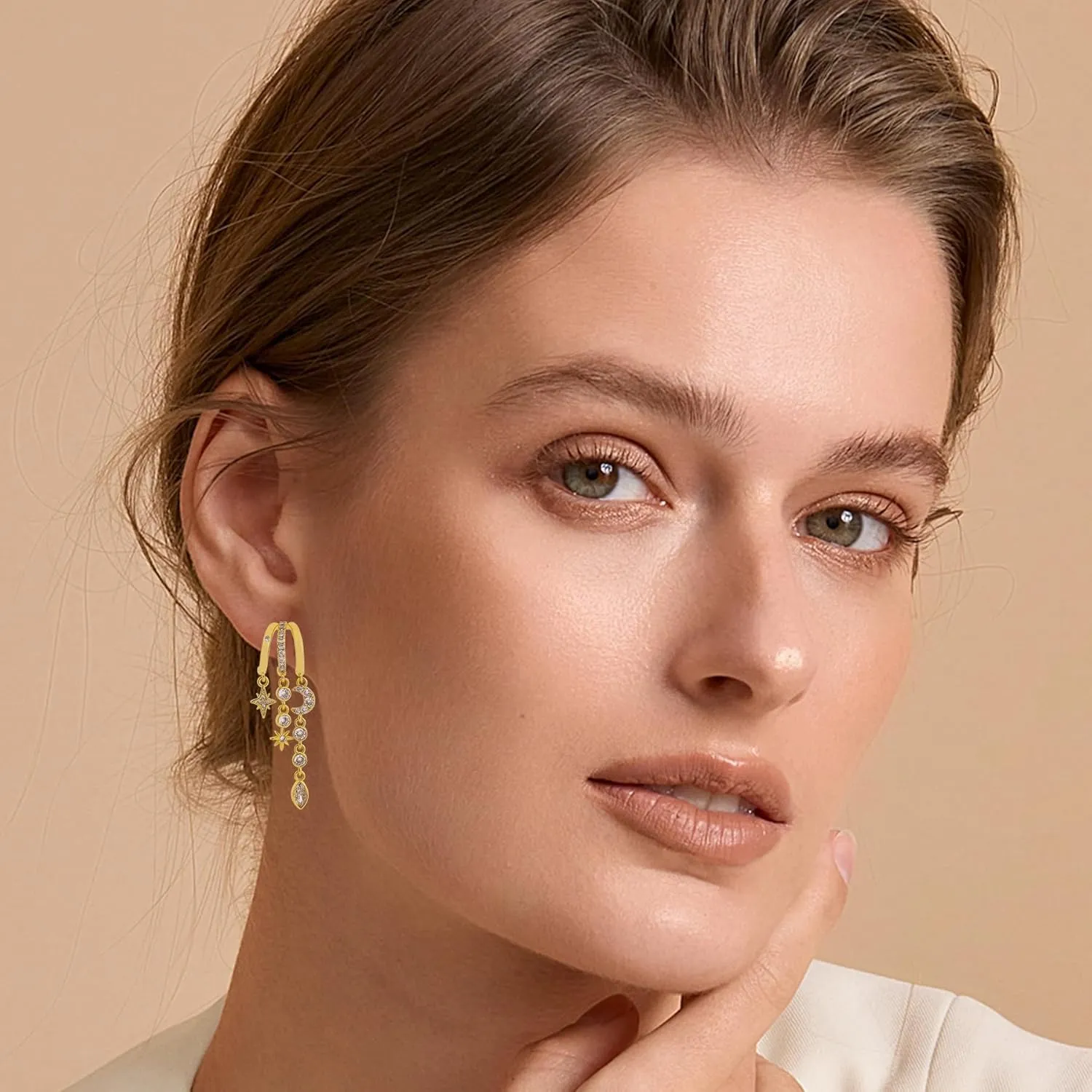 Gold Cross Earrings for Women 14K Gold Plated Dangle Chain Cross Flower Bow Moon Star Triple Hoop Earrings for Single Piercing Open Hoop for One Hole with Cubic Zirconia Trendy Jewelry Gift