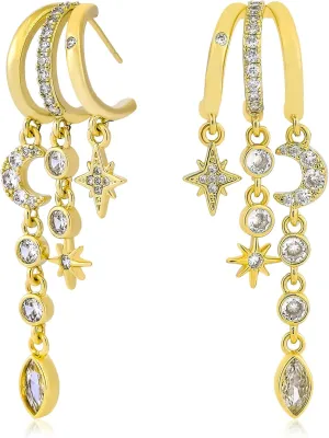 Gold Cross Earrings for Women 14K Gold Plated Dangle Chain Cross Flower Bow Moon Star Triple Hoop Earrings for Single Piercing Open Hoop for One Hole with Cubic Zirconia Trendy Jewelry Gift