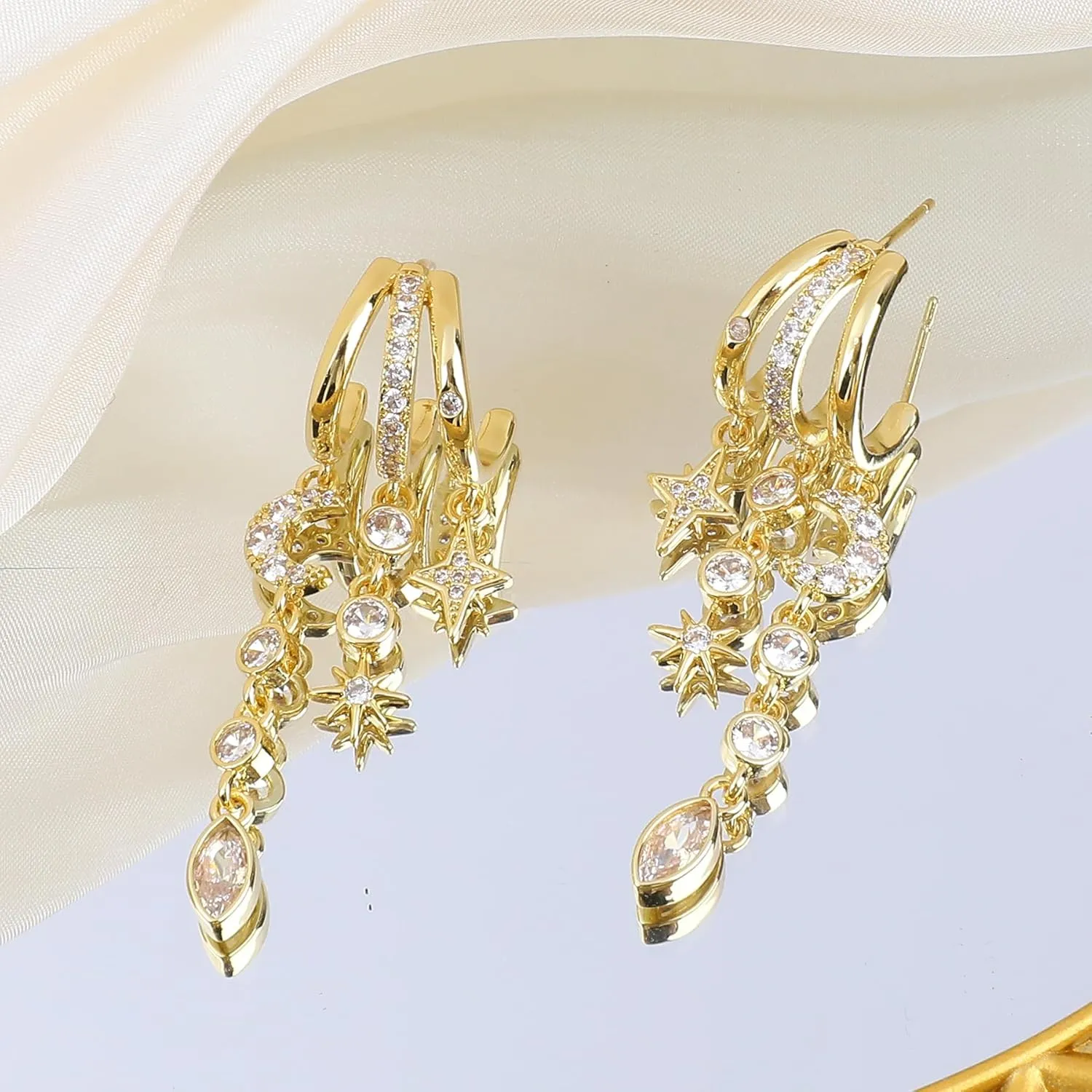 Gold Cross Earrings for Women 14K Gold Plated Dangle Chain Cross Flower Bow Moon Star Triple Hoop Earrings for Single Piercing Open Hoop for One Hole with Cubic Zirconia Trendy Jewelry Gift