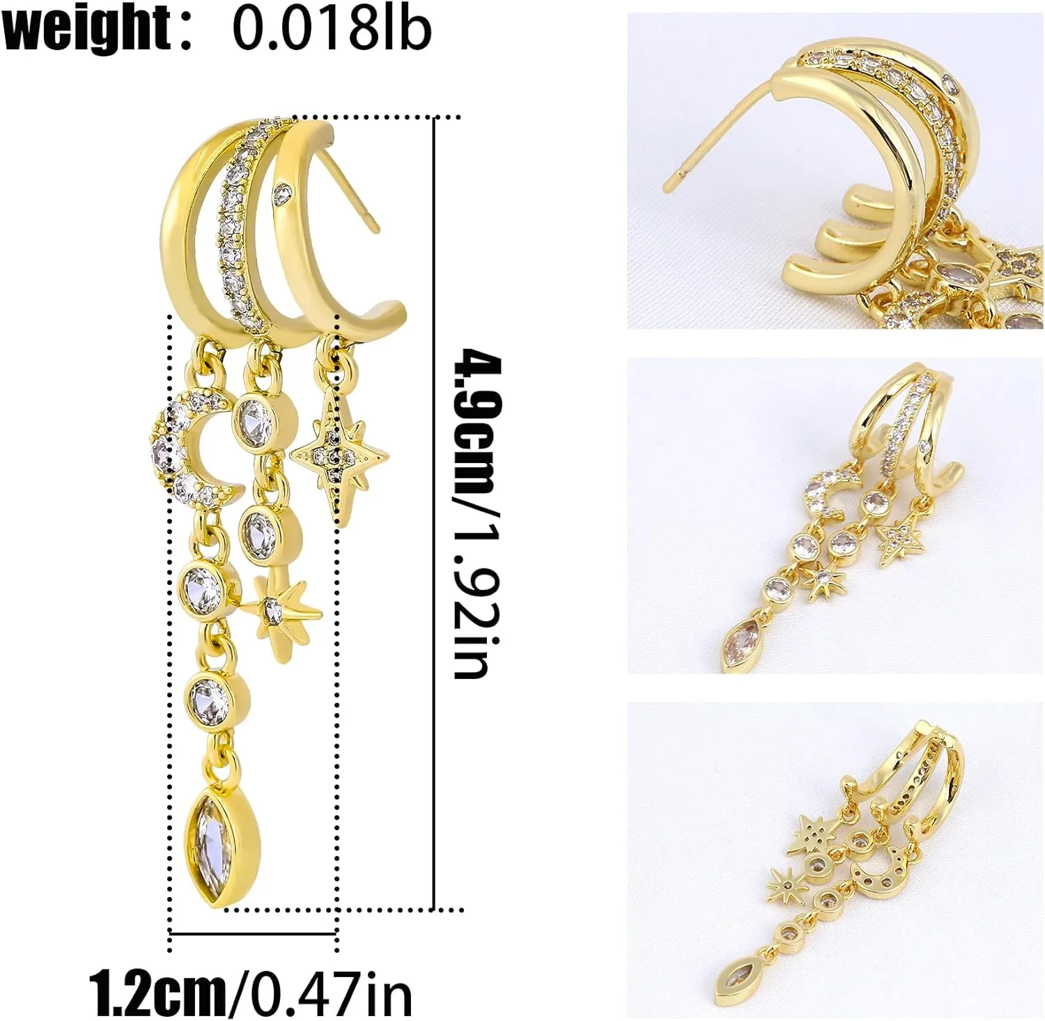 Gold Cross Earrings for Women 14K Gold Plated Dangle Chain Cross Flower Bow Moon Star Triple Hoop Earrings for Single Piercing Open Hoop for One Hole with Cubic Zirconia Trendy Jewelry Gift