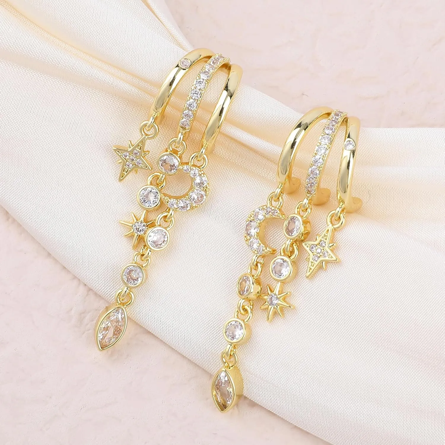 Gold Cross Earrings for Women 14K Gold Plated Dangle Chain Cross Flower Bow Moon Star Triple Hoop Earrings for Single Piercing Open Hoop for One Hole with Cubic Zirconia Trendy Jewelry Gift