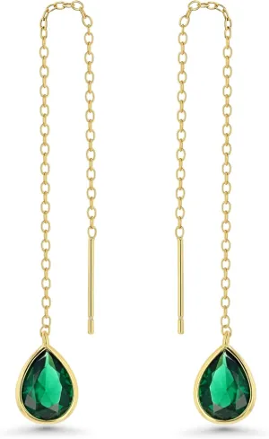 Gold Dangle Earring with Emerald, 18K Gold Plated, Lightweight, Hypoallergenic, Long Chain Earrings for Women, Fashion Statement