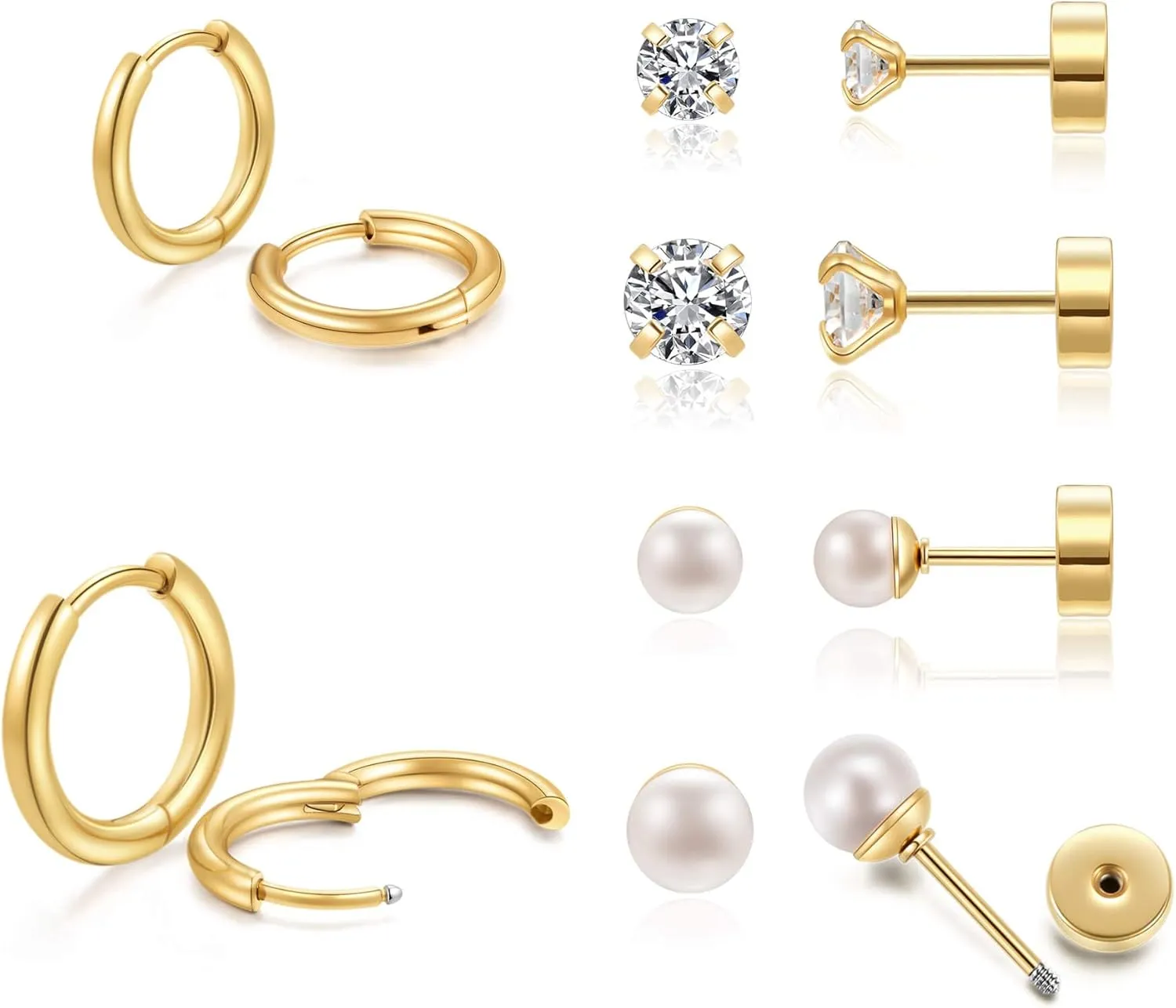 Gold Earring Sets for Women Multiple Piercing,14K Gold Flat Back Cartilage Earrings and Hoop Earrings Set Hypoallergenic Stainess Steel,Jewelry Gift Set,Pack of 6 Pairs