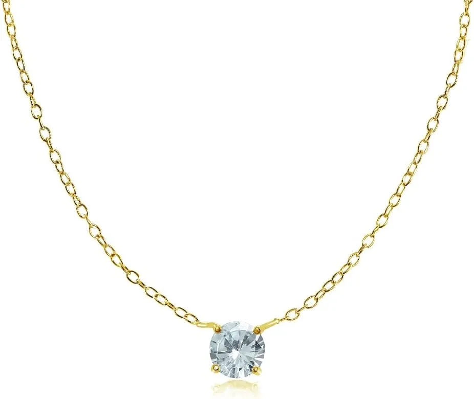 Gold Flash Sterling Silver Small Solitaire Genuine, Created or Simulated Gemstone Birthstone Choker Necklace