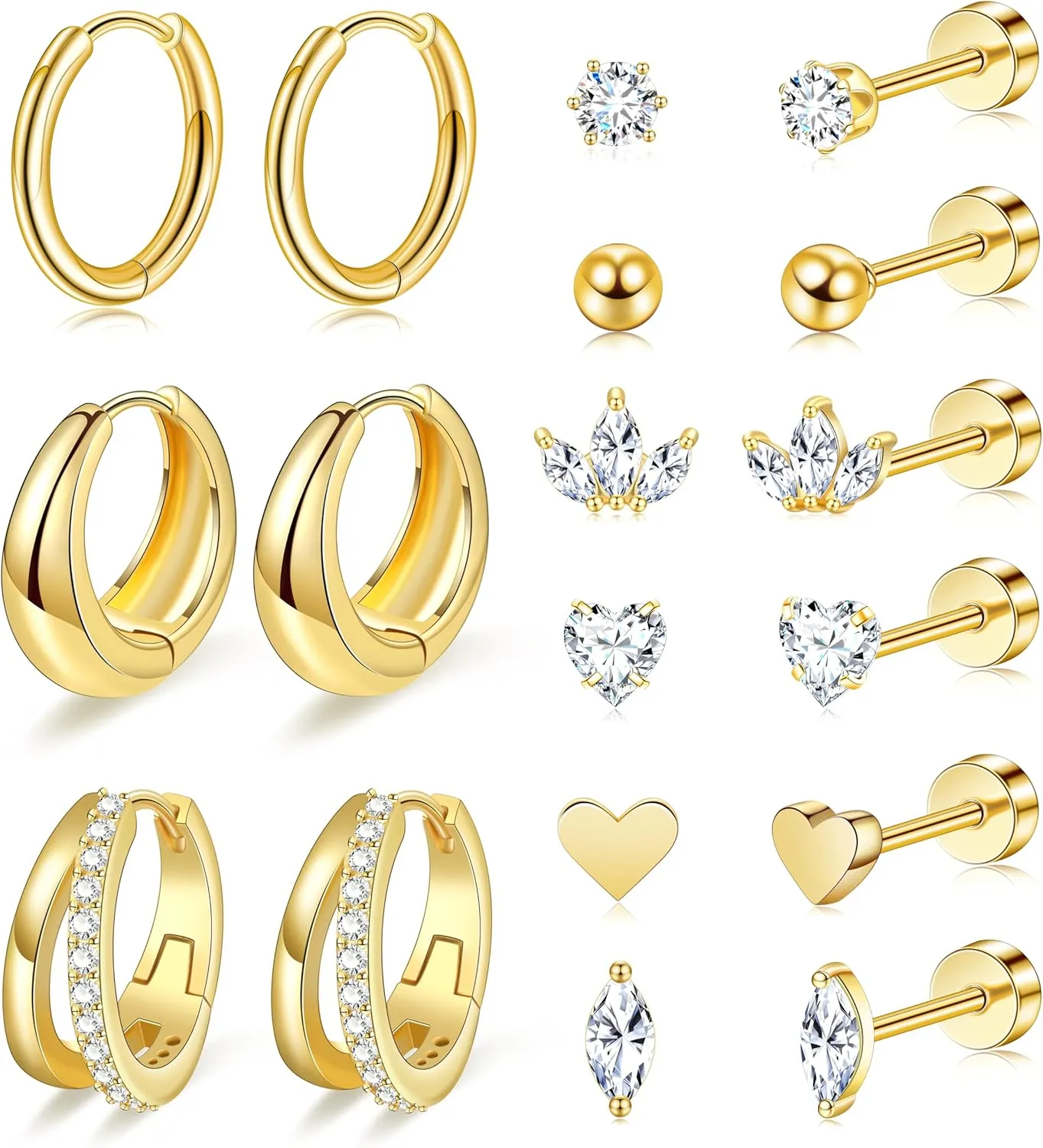 Gold Flat Back Stud Earrings for Women Hypoallergenic Surgical Stainless Steel Flatback Stud Earring Set