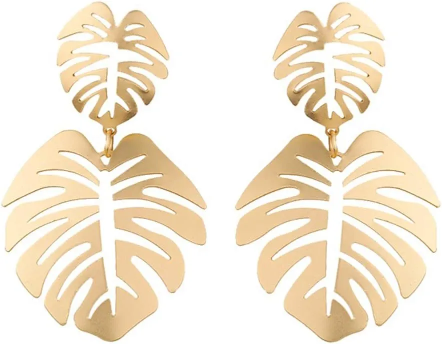 Gold Green Palm Leaf Dangle Earrings Tropical Monstera Leaves Eardrop for Women Bohemia Jewelry