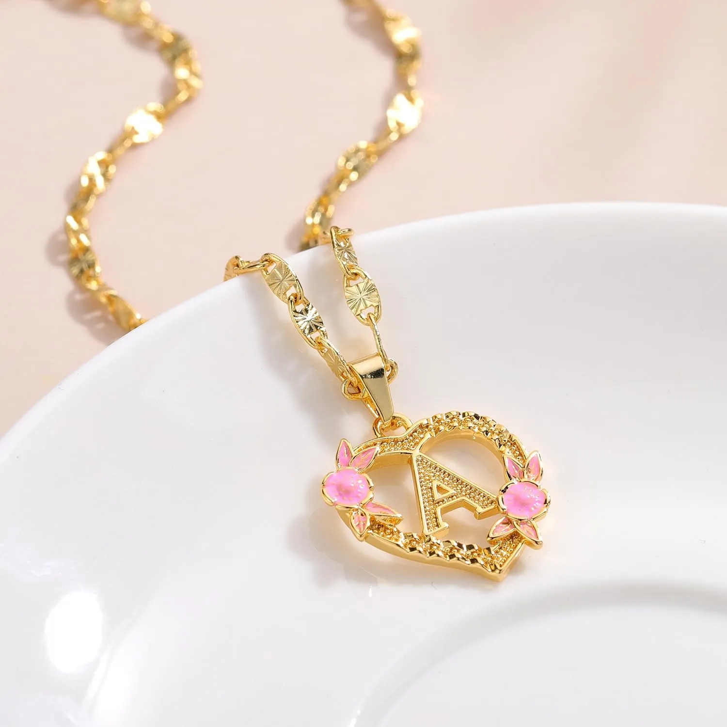 Gold Heart Initial Necklace For Women Heart Flower Letter Pendant For Girl Personalized Name Jewelry Gift For Her