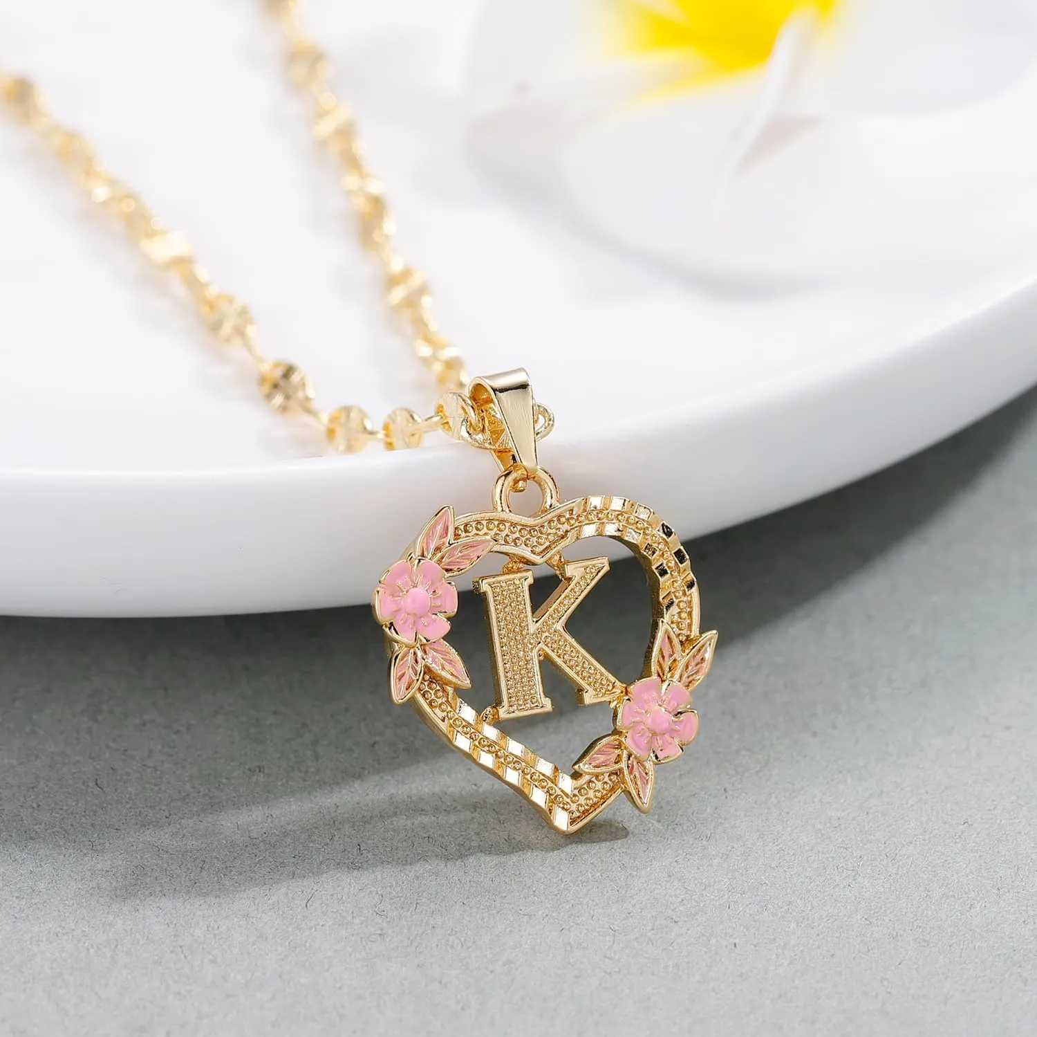 Gold Heart Initial Necklace For Women Heart Flower Letter Pendant For Girl Personalized Name Jewelry Gift For Her