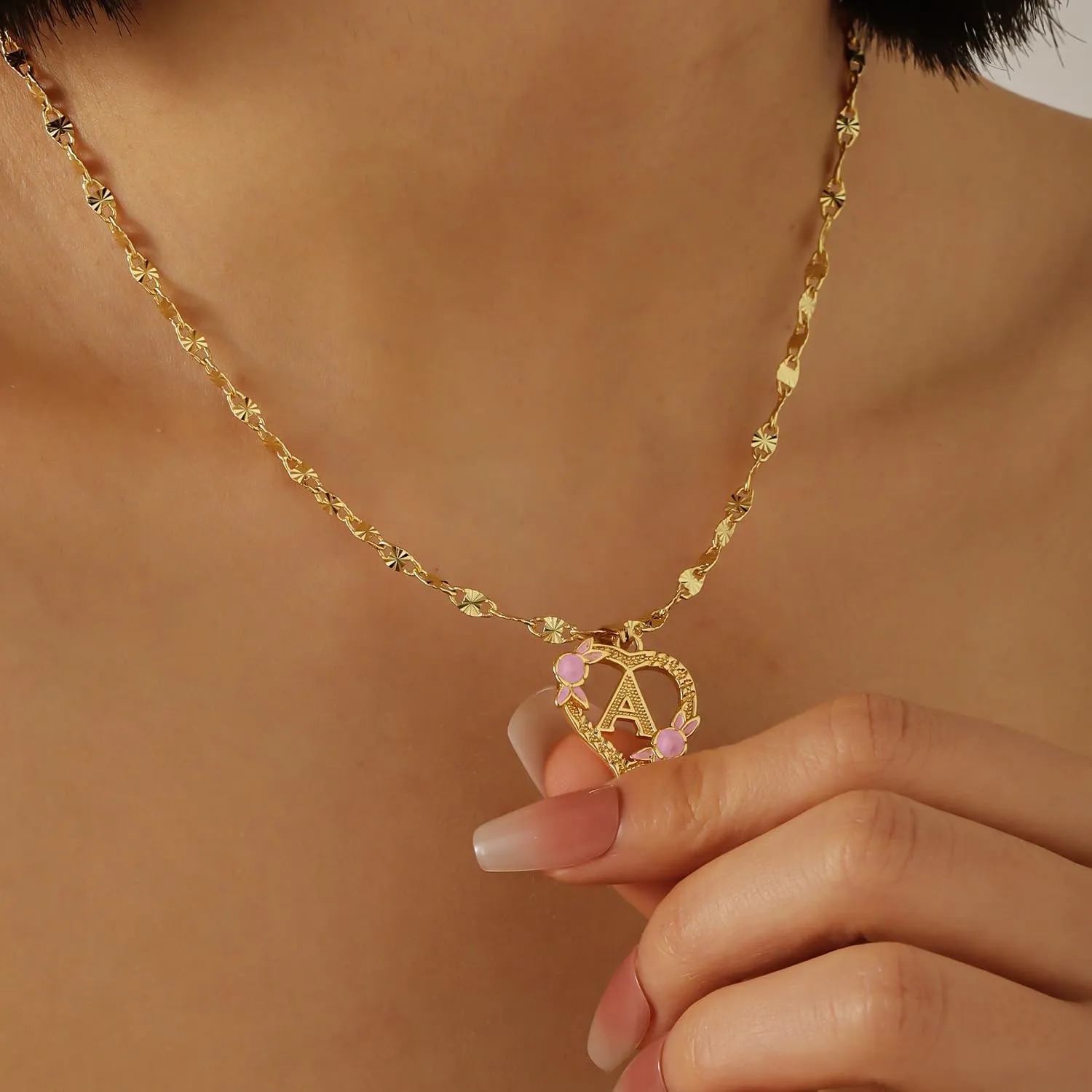 Gold Heart Initial Necklace For Women Heart Flower Letter Pendant For Girl Personalized Name Jewelry Gift For Her
