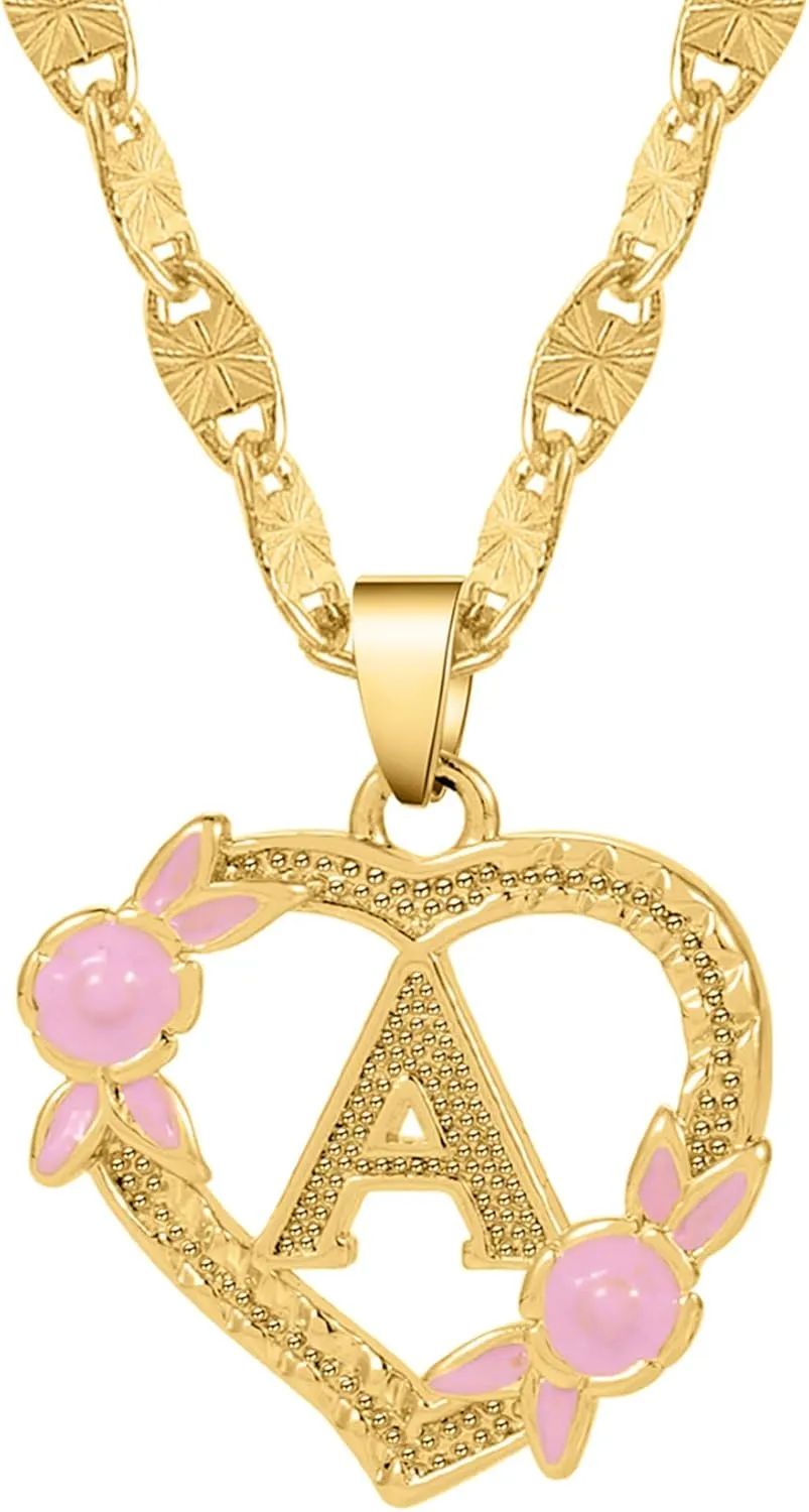 Gold Heart Initial Necklace For Women Heart Flower Letter Pendant For Girl Personalized Name Jewelry Gift For Her