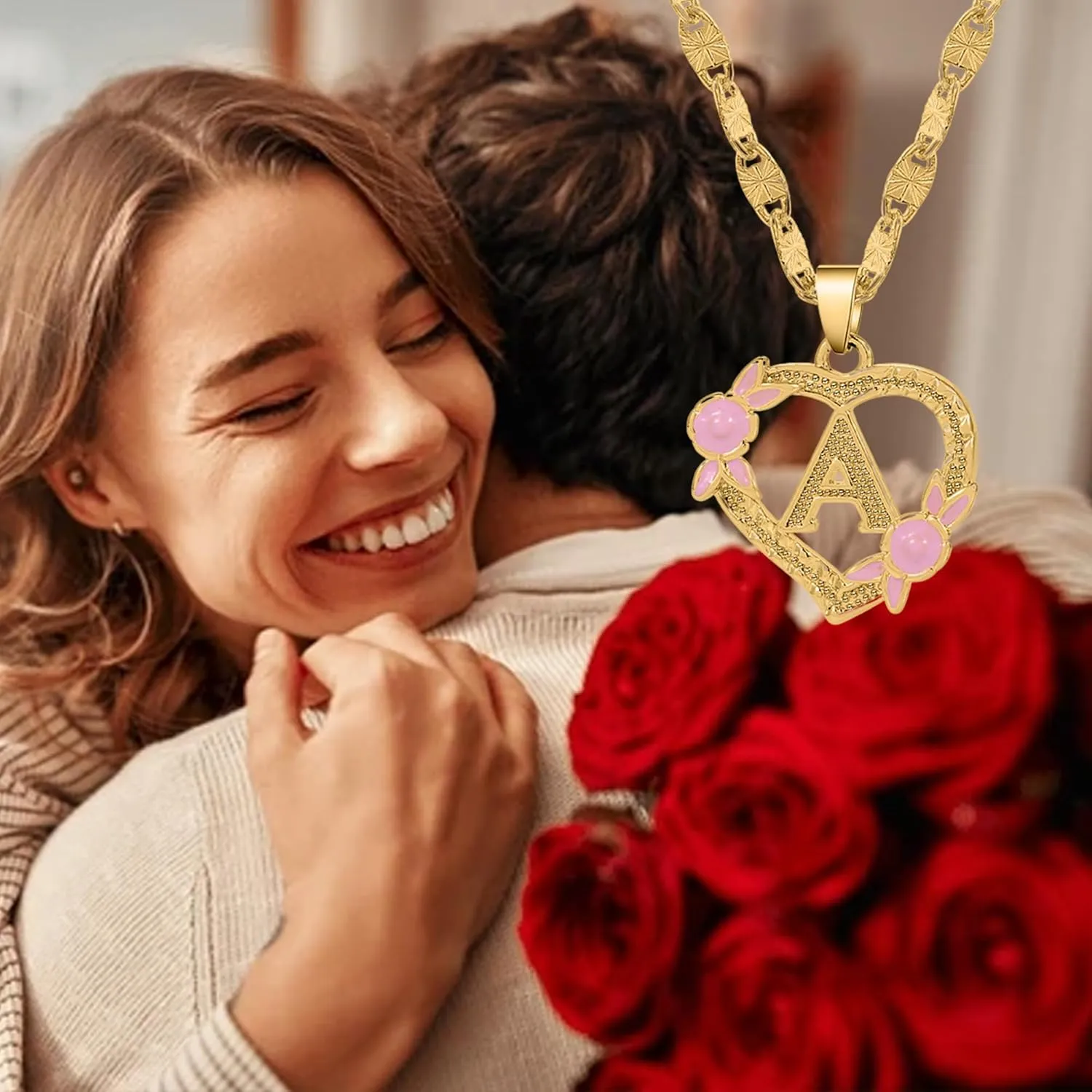 Gold Heart Initial Necklace For Women Heart Flower Letter Pendant For Girl Personalized Name Jewelry Gift For Her