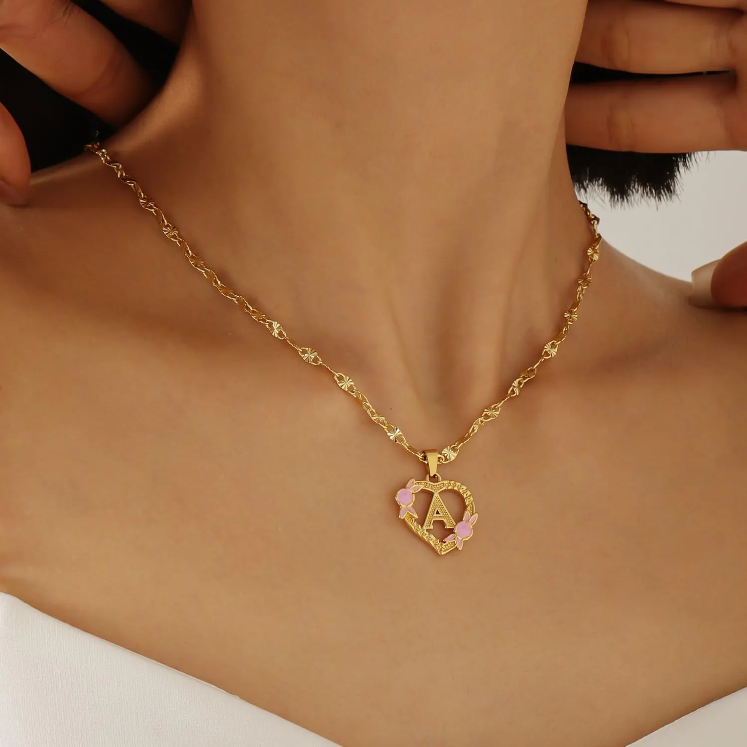 Gold Heart Initial Necklace For Women Heart Flower Letter Pendant For Girl Personalized Name Jewelry Gift For Her
