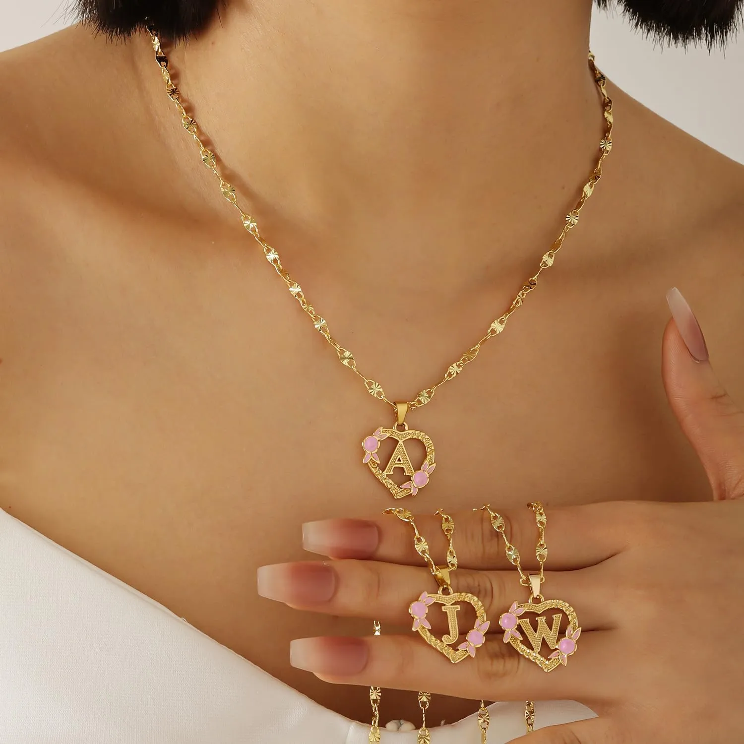 Gold Heart Initial Necklace For Women Heart Flower Letter Pendant For Girl Personalized Name Jewelry Gift For Her