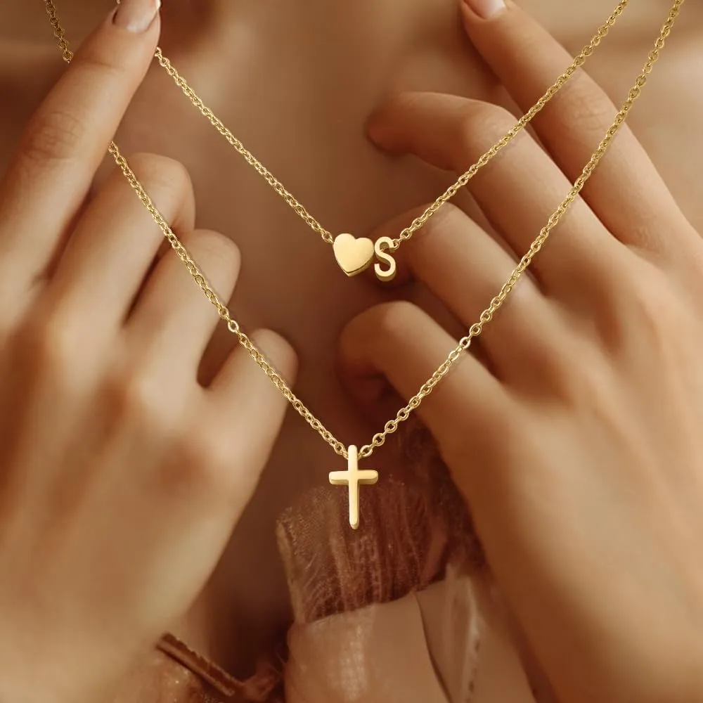 Gold Heart Initial Necklaces18K Real Gold Plated Layered Necklaces,Tiny Gold Initial Cross Birthday Gifts for Women Teen Jewelry