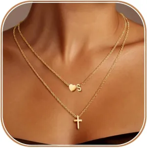 Gold Heart Initial Necklaces18K Real Gold Plated Layered Necklaces,Tiny Gold Initial Cross Birthday Gifts for Women Teen Jewelry