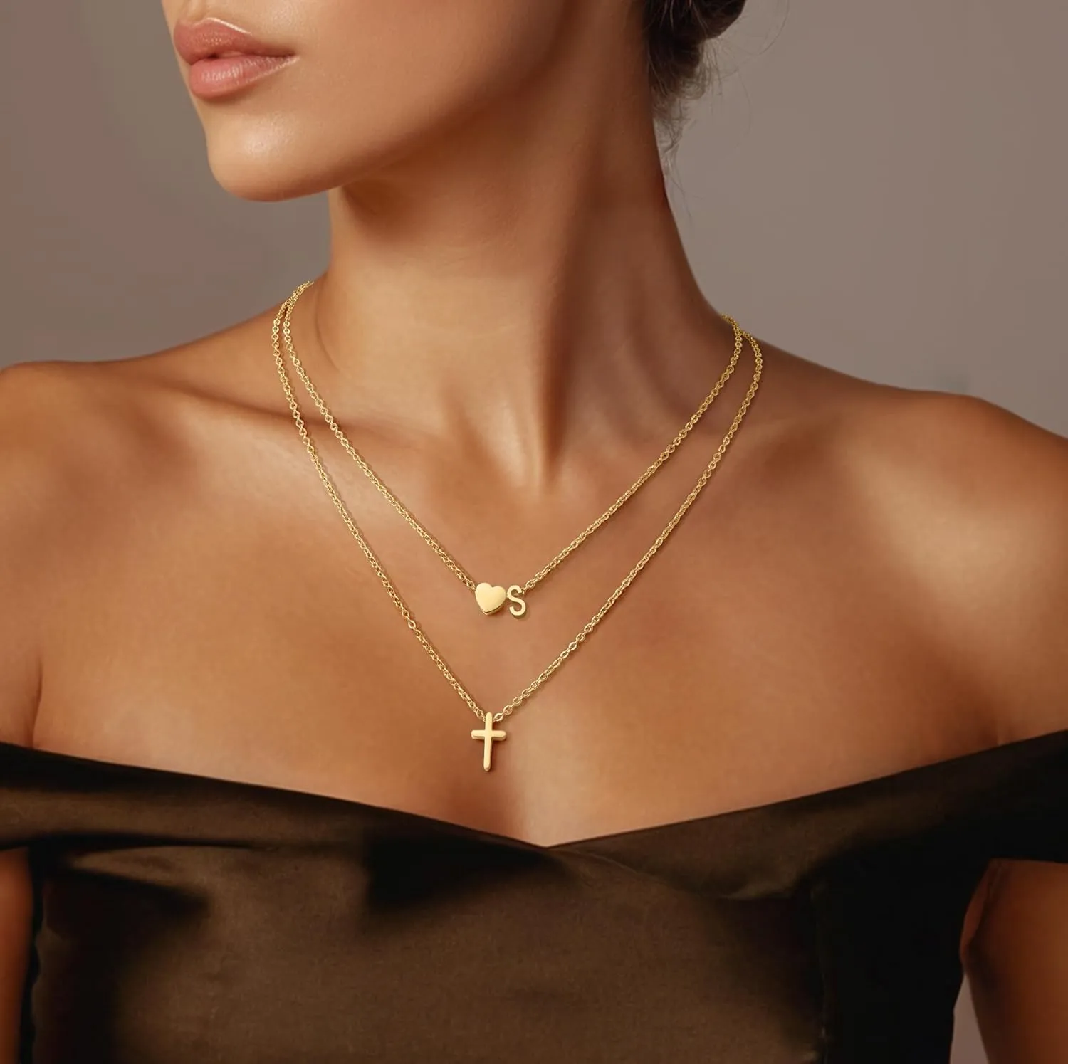 Gold Heart Initial Necklaces18K Real Gold Plated Layered Necklaces,Tiny Gold Initial Cross Birthday Gifts for Women Teen Jewelry