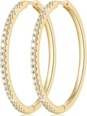 Gold Hoop Earrings for Women 14K Gold Earrings with Entrusted Cubic Zirconia Comfortable Hoop Earring for Women 35mm