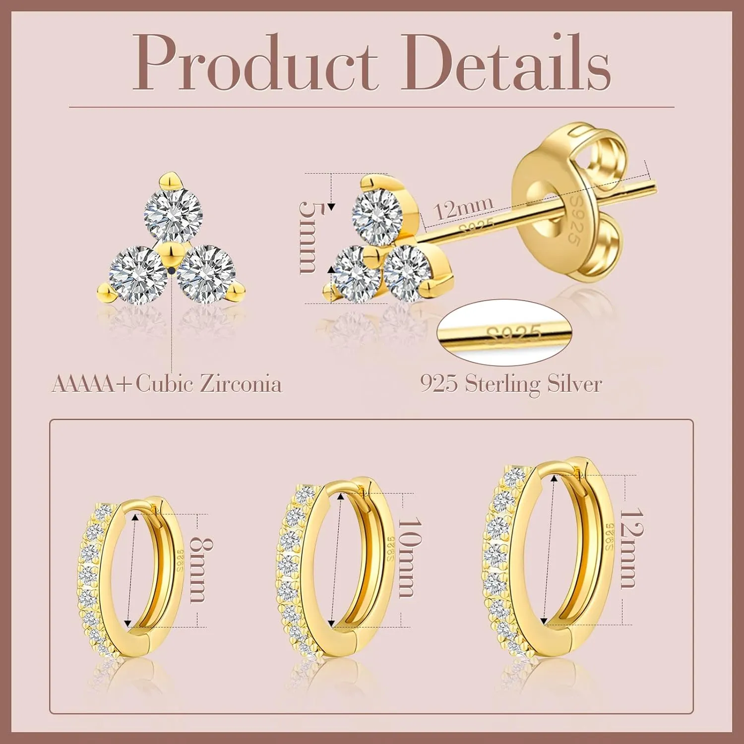 Gold Huggie Hoop Earrings For Women 4 Pairs 16K Hypoallergenic Cartilage Cubic Zirconia Gold Plated Small Stud Hoop Earring Set Piercing Jewelry 8mm/10mm/12mm