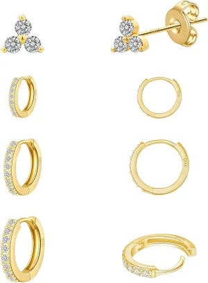 Gold Huggie Hoop Earrings For Women 4 Pairs 16K Hypoallergenic Cartilage Cubic Zirconia Gold Plated Small Stud Hoop Earring Set Piercing Jewelry 8mm/10mm/12mm