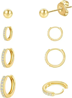 Gold Huggie Hoop Earrings For Women 4 Pairs 16K Hypoallergenic Cartilage Cubic Zirconia Gold Plated Small Stud Hoop Earring Set Piercing Jewelry 8mm/10mm/12mm