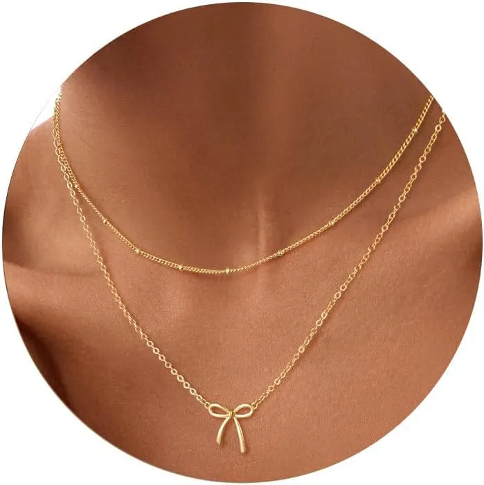 Gold Necklace for Women,14K Gold Plated Bow Pendant Necklace Butterfly O Chain Minimalist Mothers Day Gifts for Mom