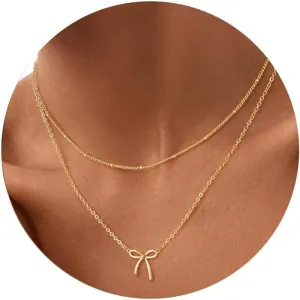 Gold Necklace for Women,14K Gold Plated Bow Pendant Necklace Butterfly O Chain Minimalist Mothers Day Gifts for Mom
