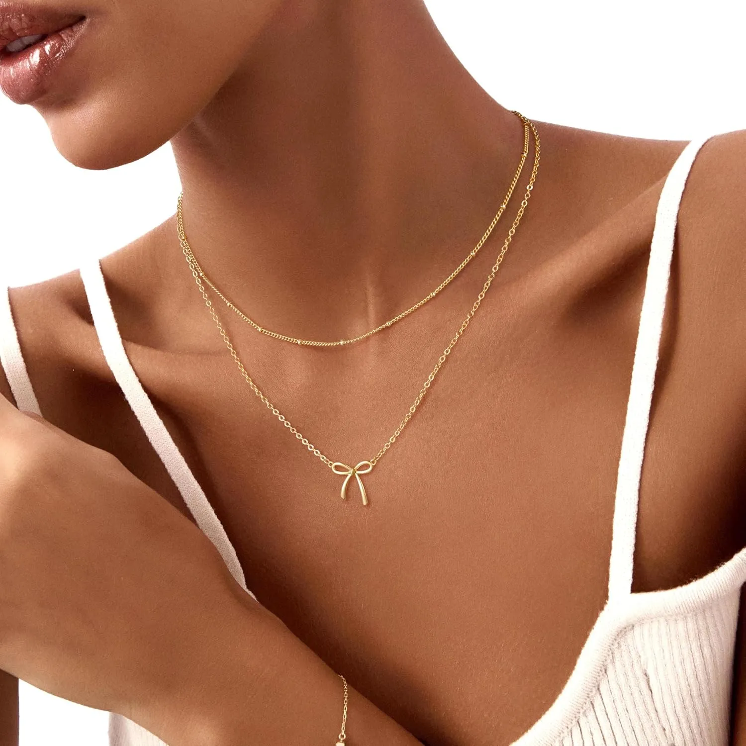 Gold Necklace for Women,14K Gold Plated Bow Pendant Necklace Butterfly O Chain Minimalist Mothers Day Gifts for Mom