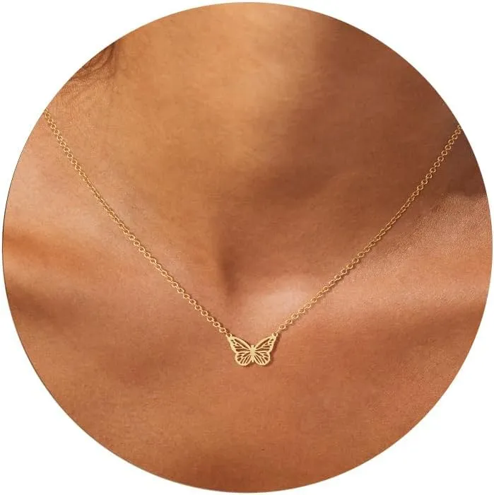 Gold Necklace for Women,14K Gold Plated Bow Pendant Necklace Butterfly O Chain Minimalist Mothers Day Gifts for Mom