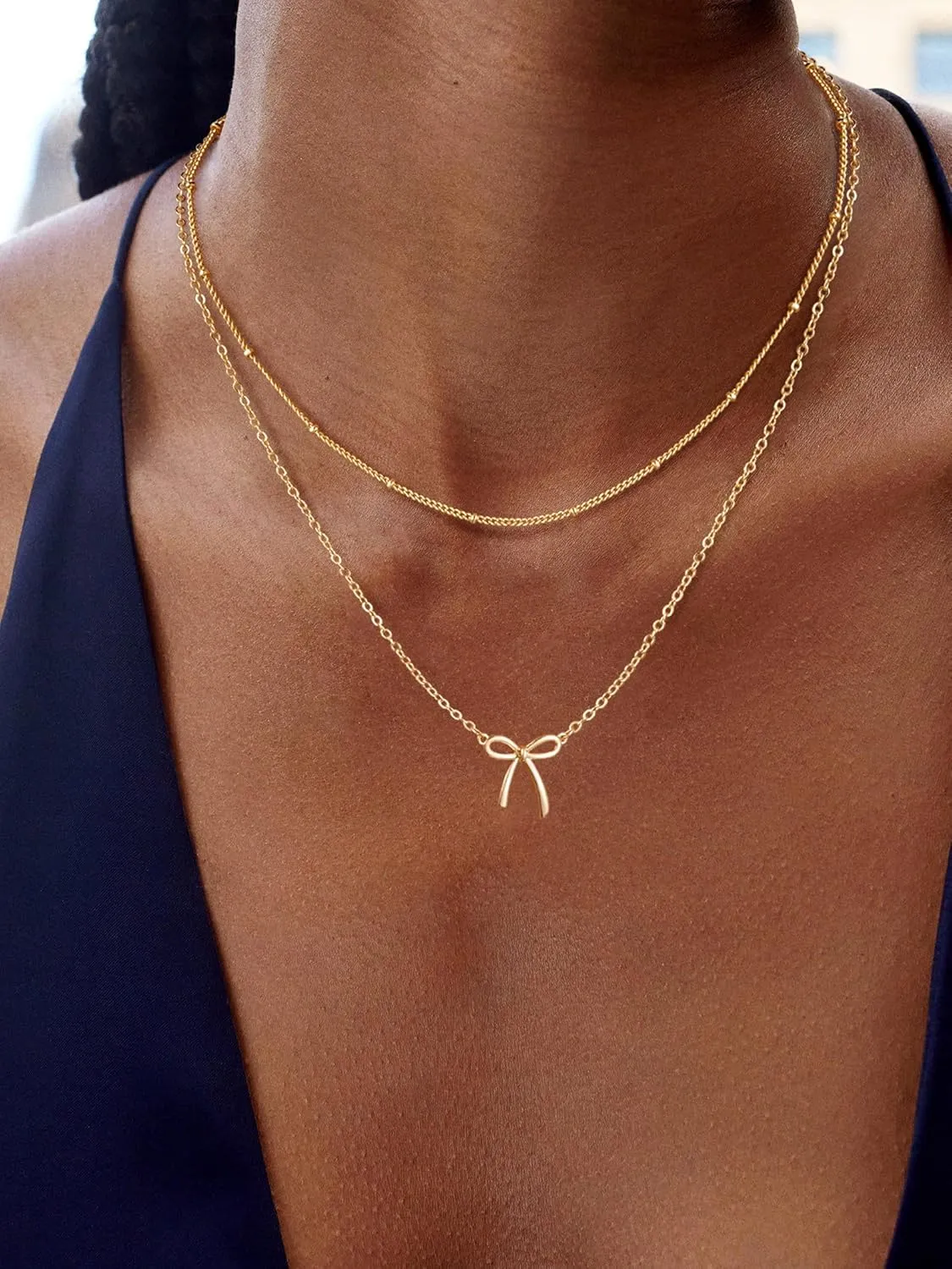 Gold Necklace for Women,14K Gold Plated Bow Pendant Necklace Butterfly O Chain Minimalist Mothers Day Gifts for Mom