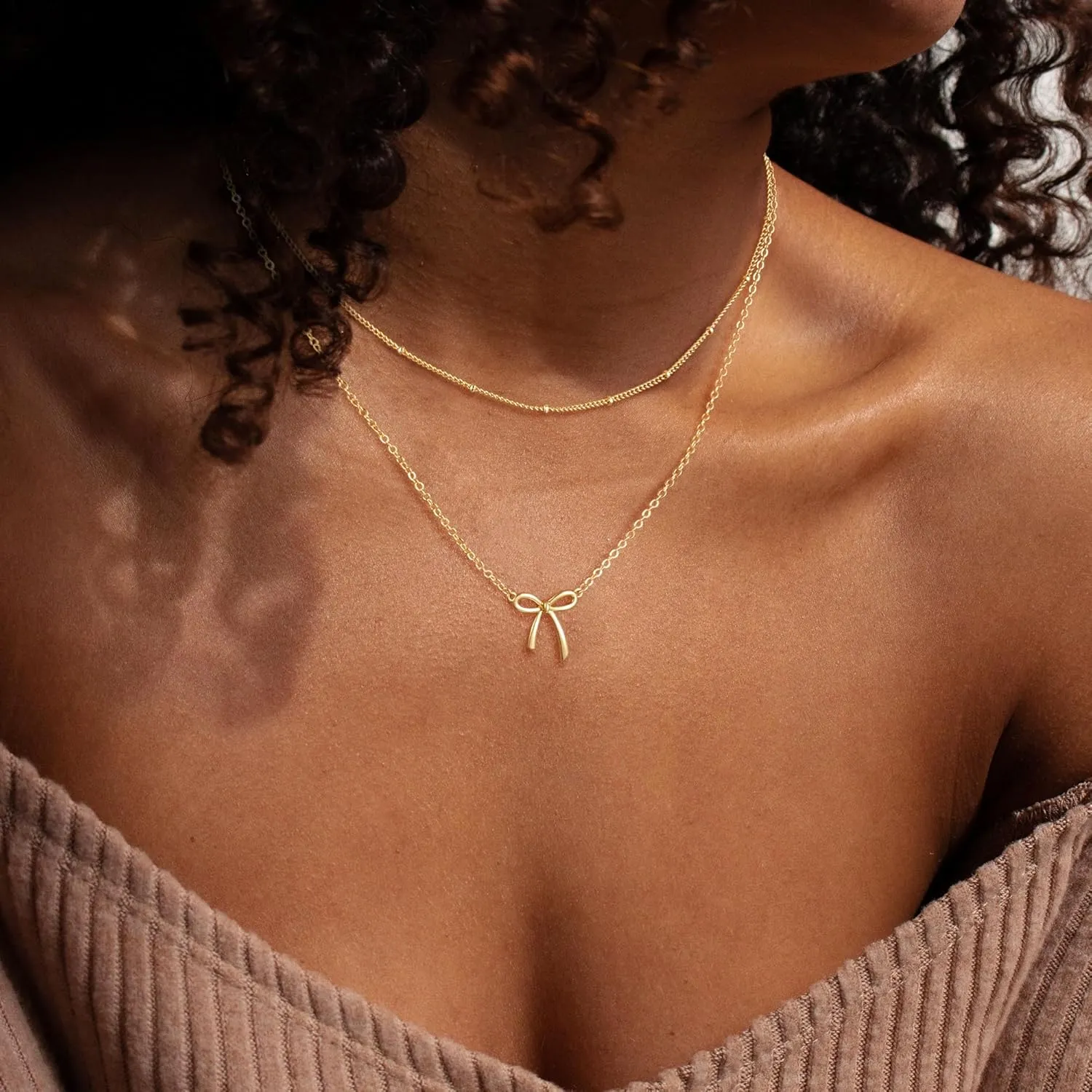 Gold Necklace for Women,14K Gold Plated Bow Pendant Necklace Butterfly O Chain Minimalist Mothers Day Gifts for Mom