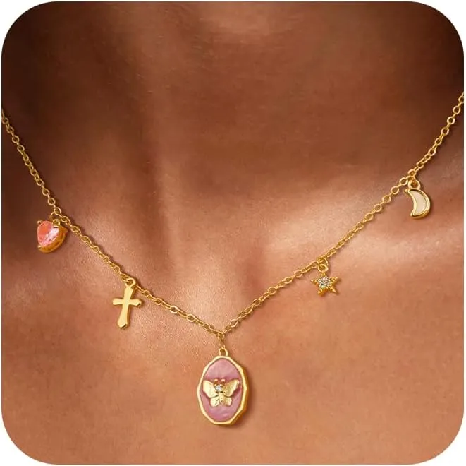 Gold Necklaces for Women - Dainty Gold Charm Necklace 14K Gold Plated Choker Necklace Set for Women