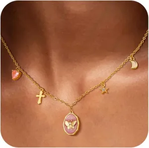 Gold Necklaces for Women - Dainty Gold Charm Necklace 14K Gold Plated Choker Necklace Set for Women