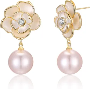 Gold Pearl Dangle Earrings for Women, Trendy Vintage Statement Flower Heart Drop Earrings Lightweight Hypoallergenic Jewelry for Her