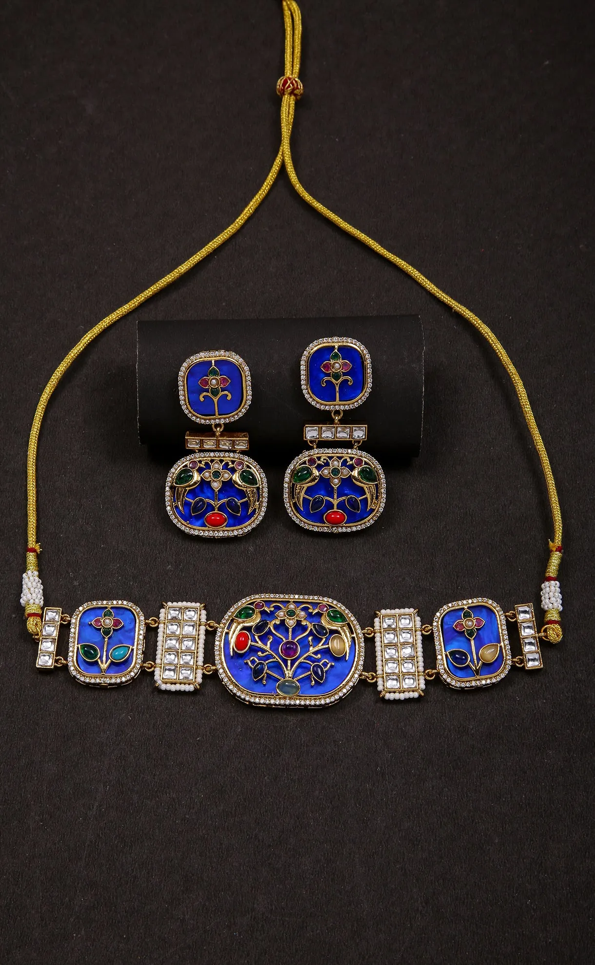 Gold Plated Blue Color Meenakari Square Shape Royal Kundan Choker Set (D1131)