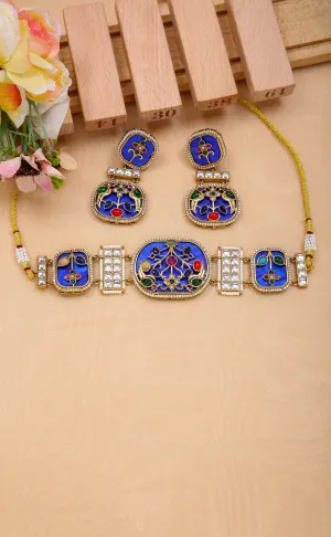 Gold Plated Blue Color Meenakari Square Shape Royal Kundan Choker Set (D1131)