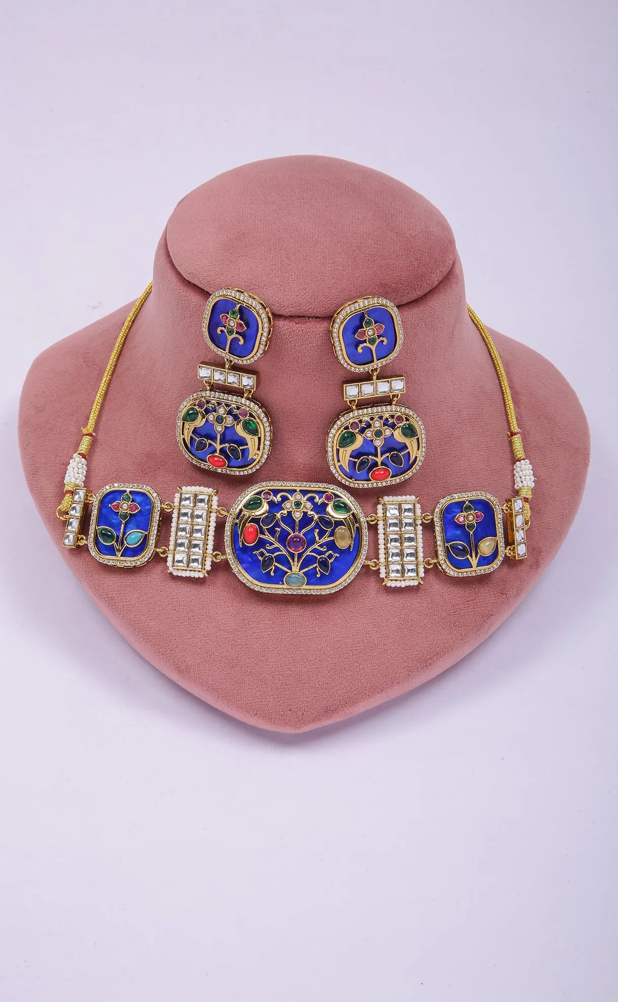 Gold Plated Blue Color Meenakari Square Shape Royal Kundan Choker Set (D1131)