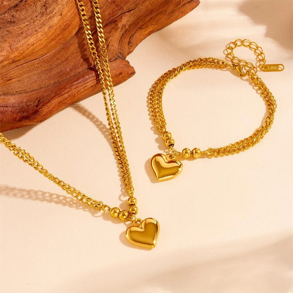 Gold Plated Heart Pearl Necklace Chunky Heart Snake Necklace Layered Titanium Steel Herringbone Necklaces for Women Jewelry Festival Gifts