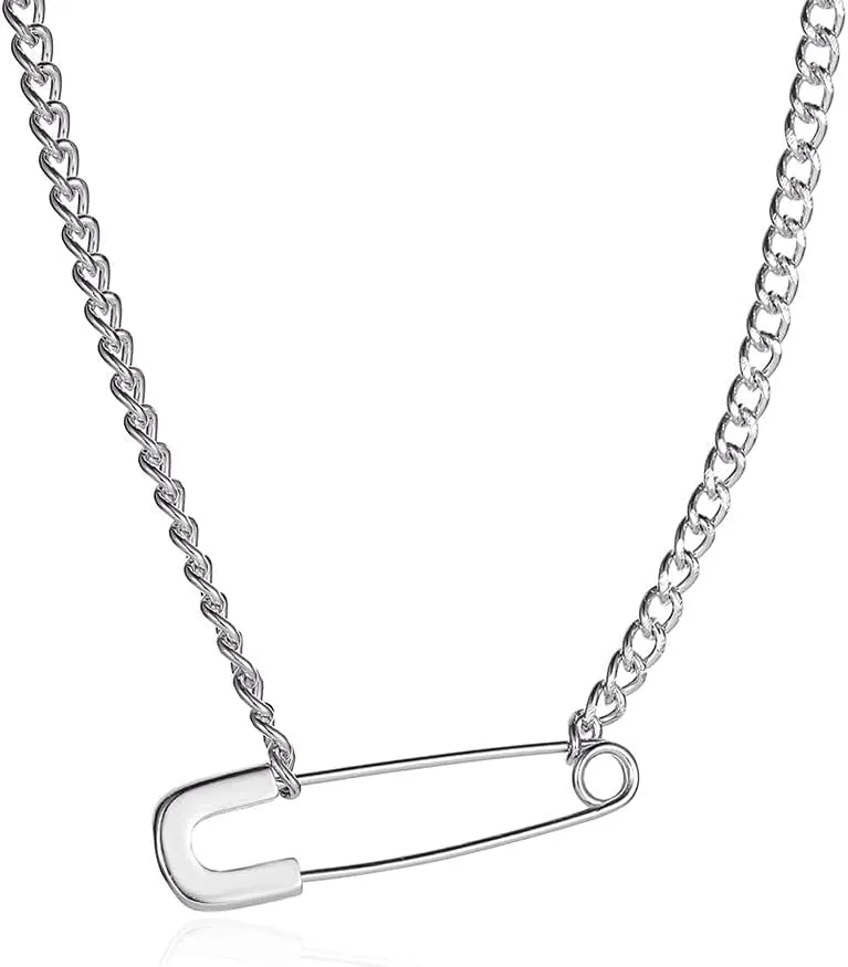 Gold Safety Pin Necklace - Women's Dainty Choker with Silver Minimalist Pin Pendant - Hip Hop Punk Rock Jewelry