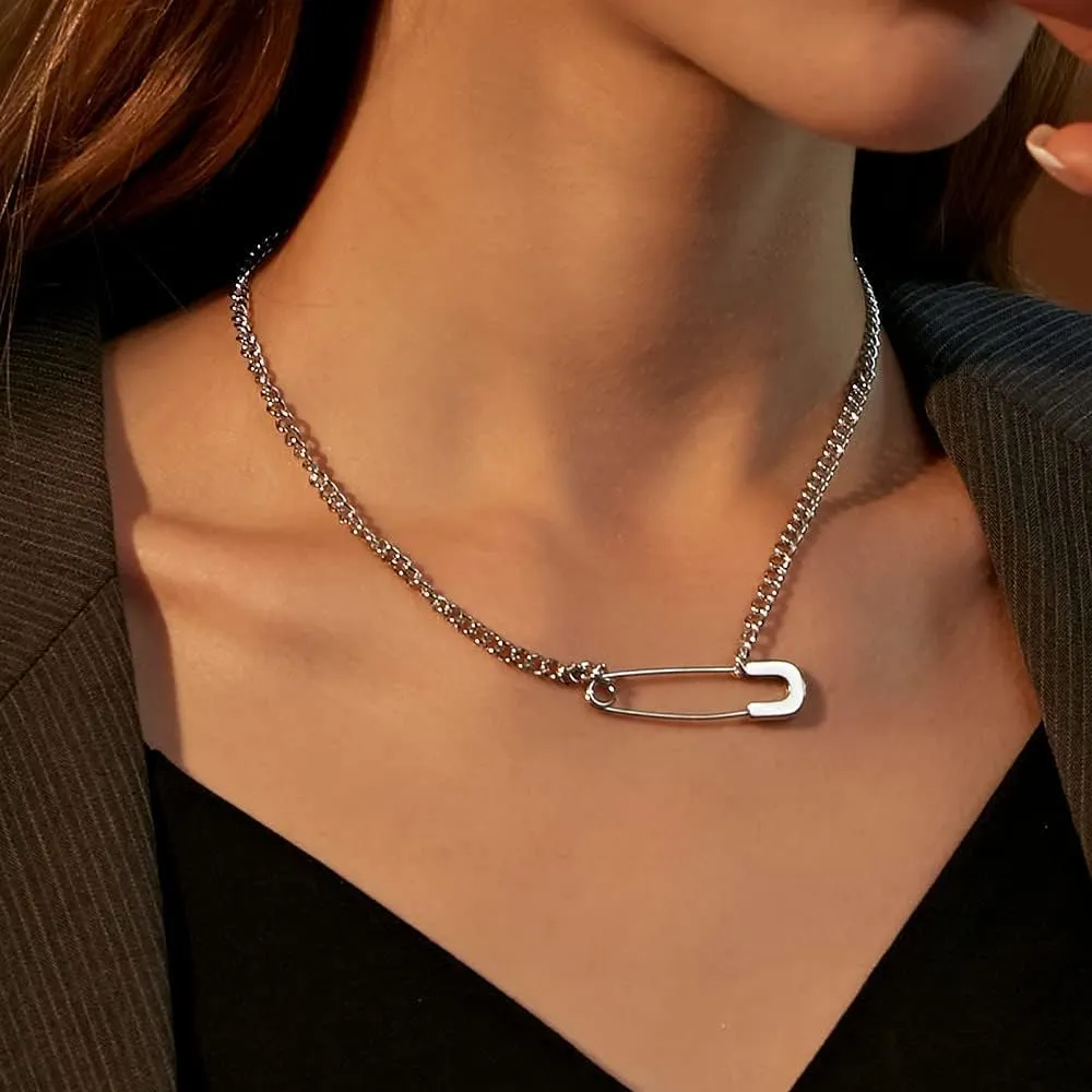 Gold Safety Pin Necklace - Women's Dainty Choker with Silver Minimalist Pin Pendant - Hip Hop Punk Rock Jewelry