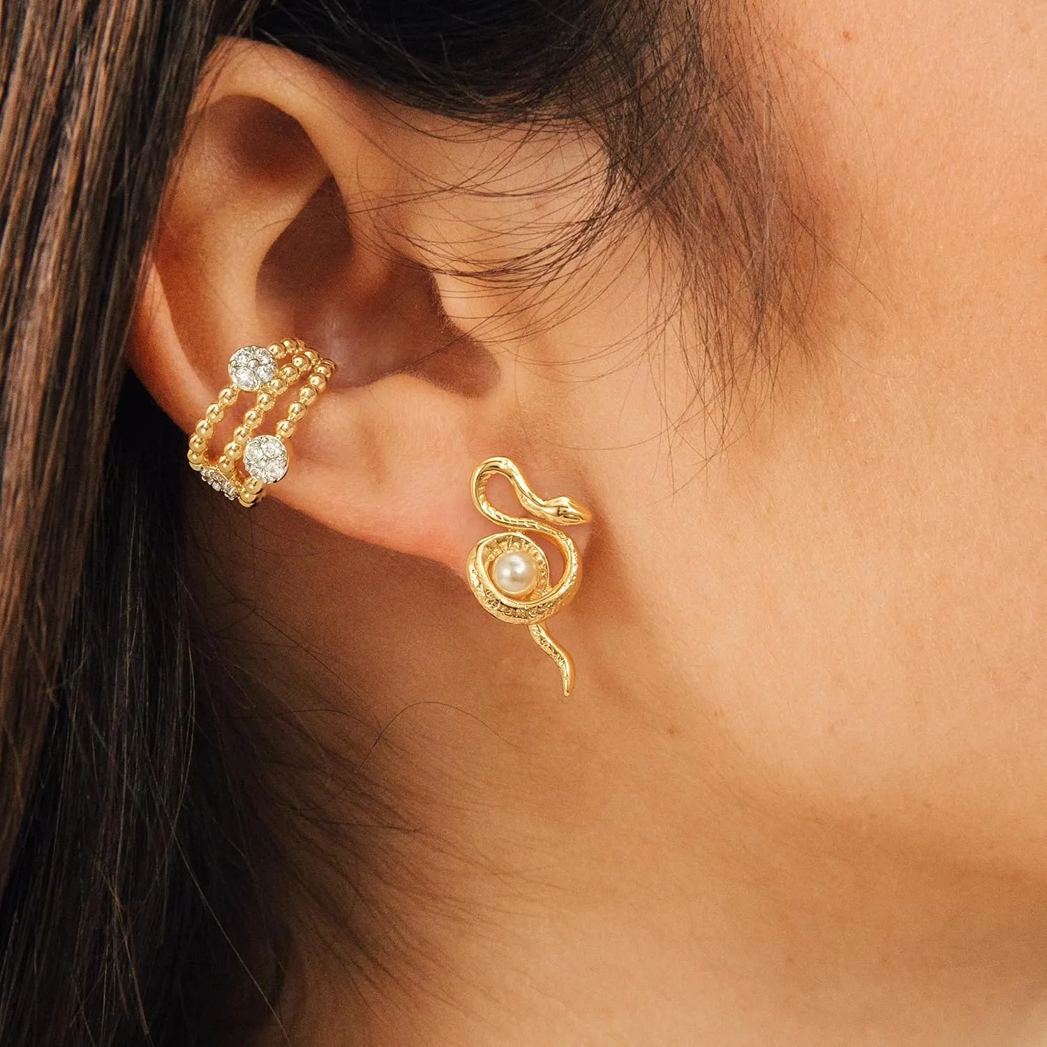 Gold Snake Stud Earrings 14K Gold Plated Cubic Zirconia Trendy Stud Earrings for Women Hypoallergenic Jewelry Gifts