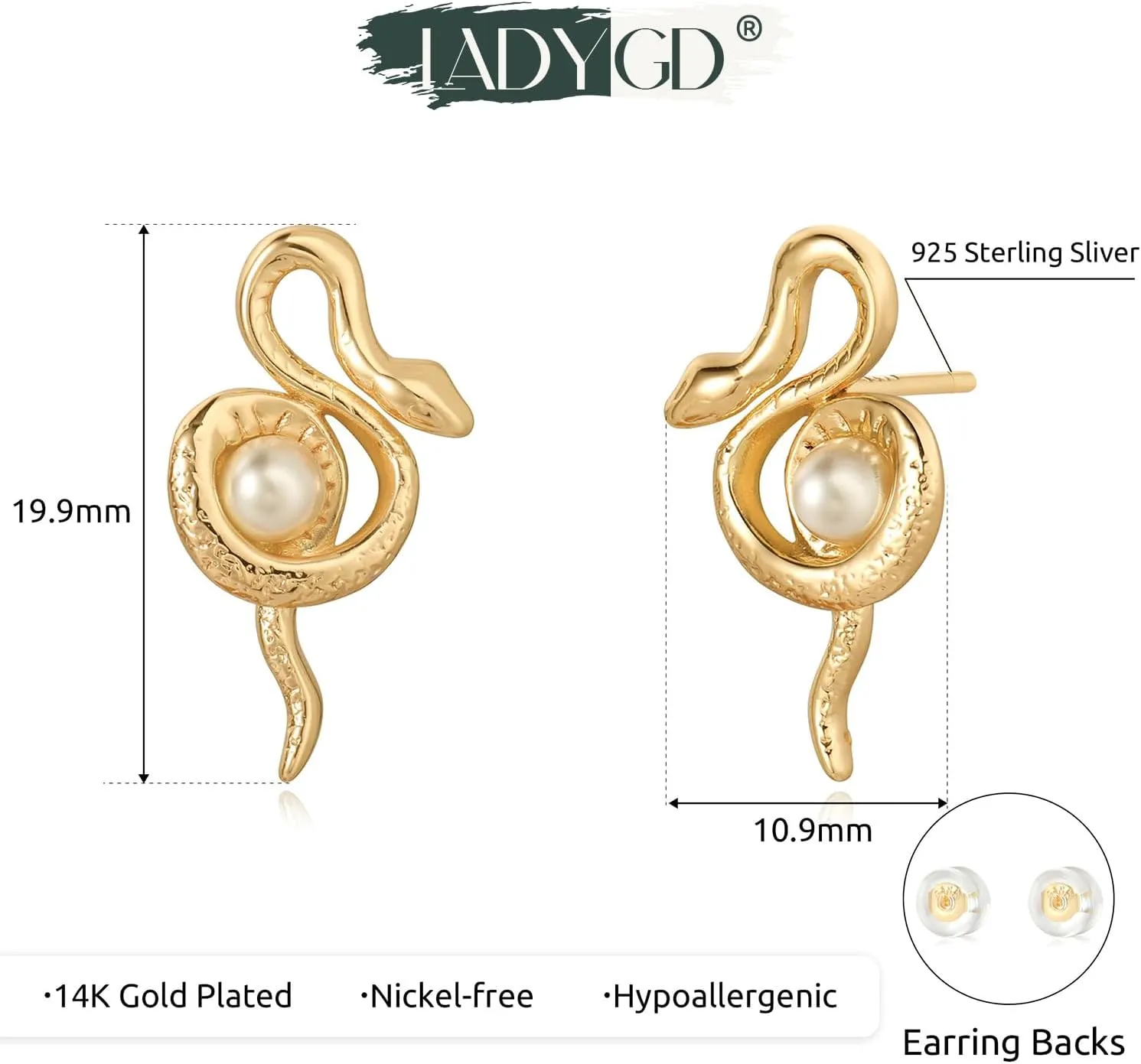 Gold Snake Stud Earrings 14K Gold Plated Cubic Zirconia Trendy Stud Earrings for Women Hypoallergenic Jewelry Gifts