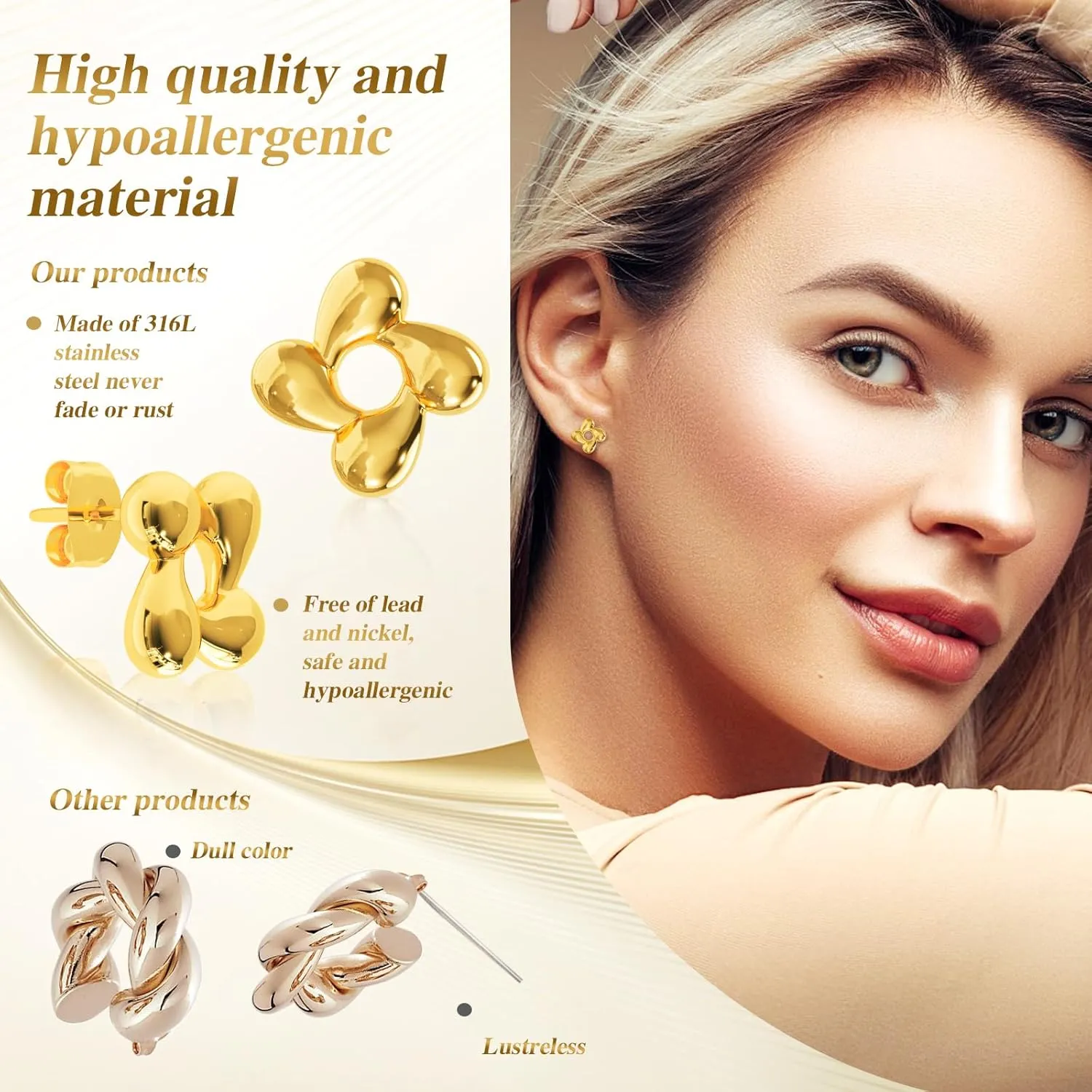 Gold Stud Earrings for Women, 14K Gold Plated Non Tarnish Nickel Free Hypoallergenic Earrings for Sensitive Ears, Dainty Small Love Knot Clover Teardrop Stud Earrings
