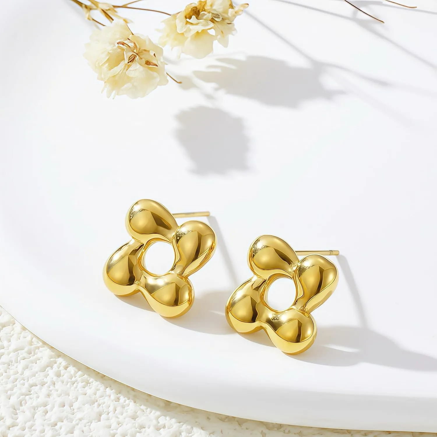 Gold Stud Earrings for Women, 14K Gold Plated Non Tarnish Nickel Free Hypoallergenic Earrings for Sensitive Ears, Dainty Small Love Knot Clover Teardrop Stud Earrings