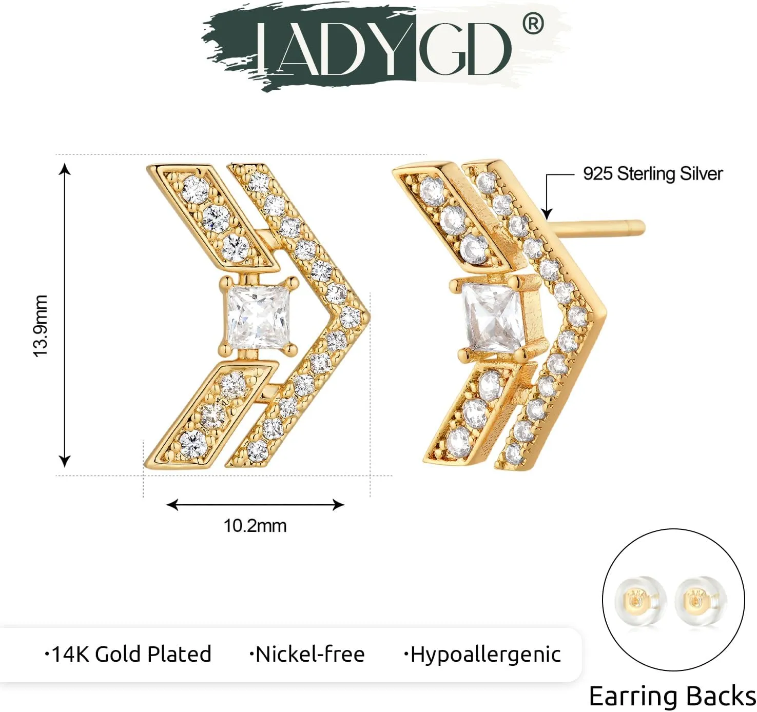 Gold Stud Earrings for Women 14K Gold Plated S925 Sterling Silver Post Cubic Zirconia Cute Earrings Hypoallergenic Lightweight Gold Jewelry Gifts