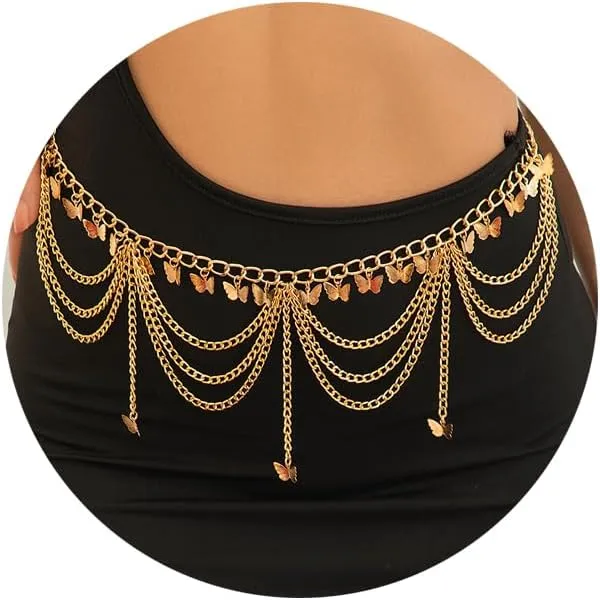 Gold Waist Chain Heart/Star/Ball/Butterfly Pendant Tassel Belly Chains Body Chain Jewelry for Women 26-35in Suit Size S/M