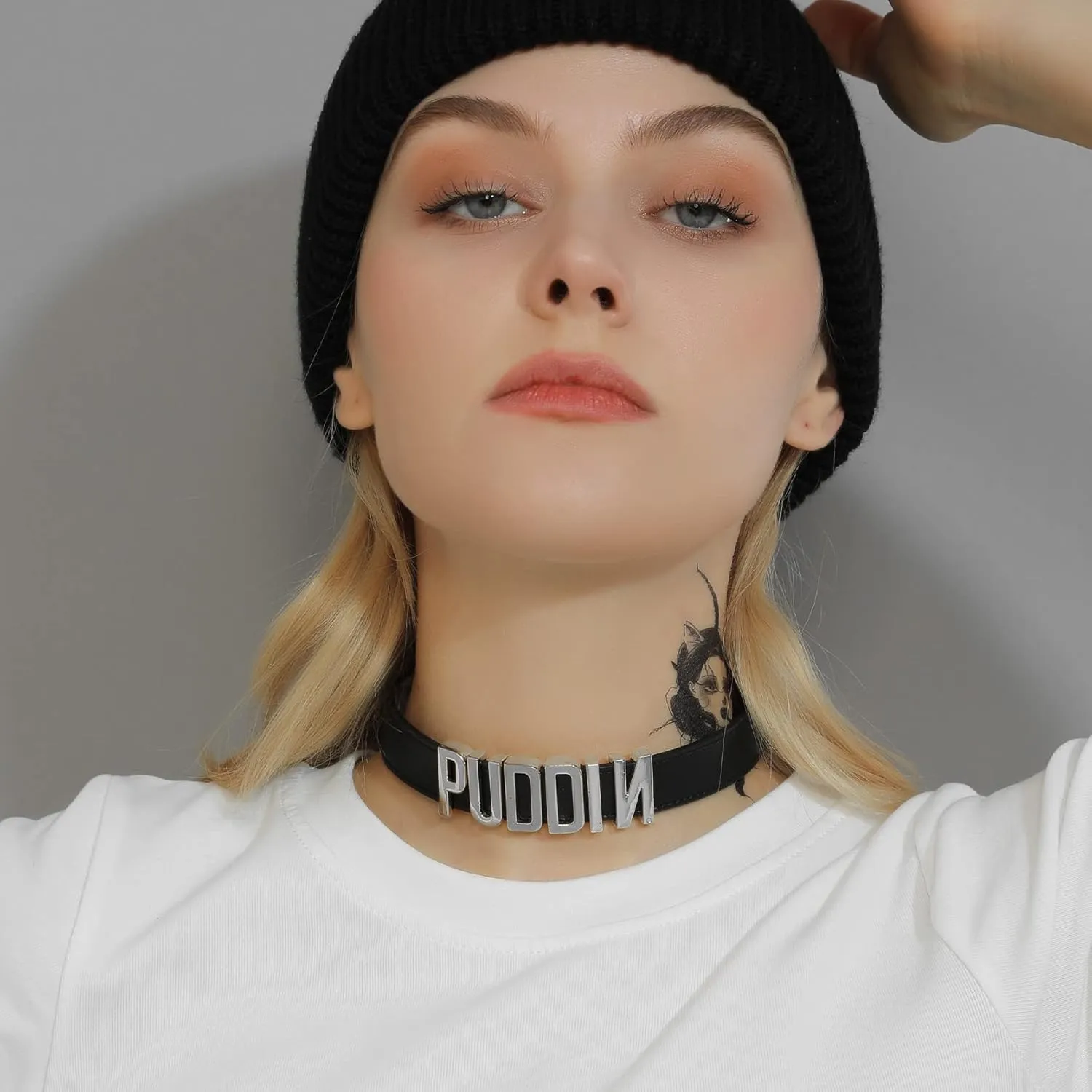 GOLDCHIC JEWELRY Custom Punk Leather Choker for Women, Personalised Photo Name Collar Necklace for Girlfriend Wife, 5.5mm/19mm Wide Puddin Black Genuine Adjustable Costume Neck Collar Necklaces
