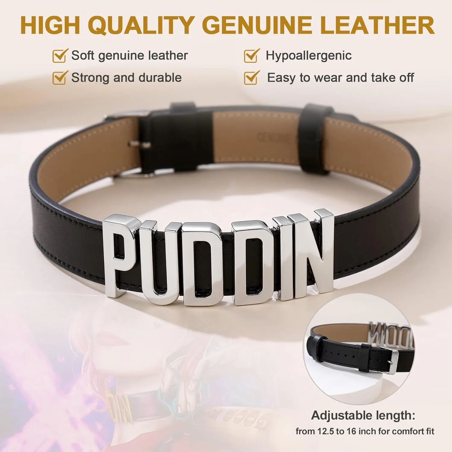 GOLDCHIC JEWELRY Custom Punk Leather Choker for Women, Personalised Photo Name Collar Necklace for Girlfriend Wife, 5.5mm/19mm Wide Puddin Black Genuine Adjustable Costume Neck Collar Necklaces