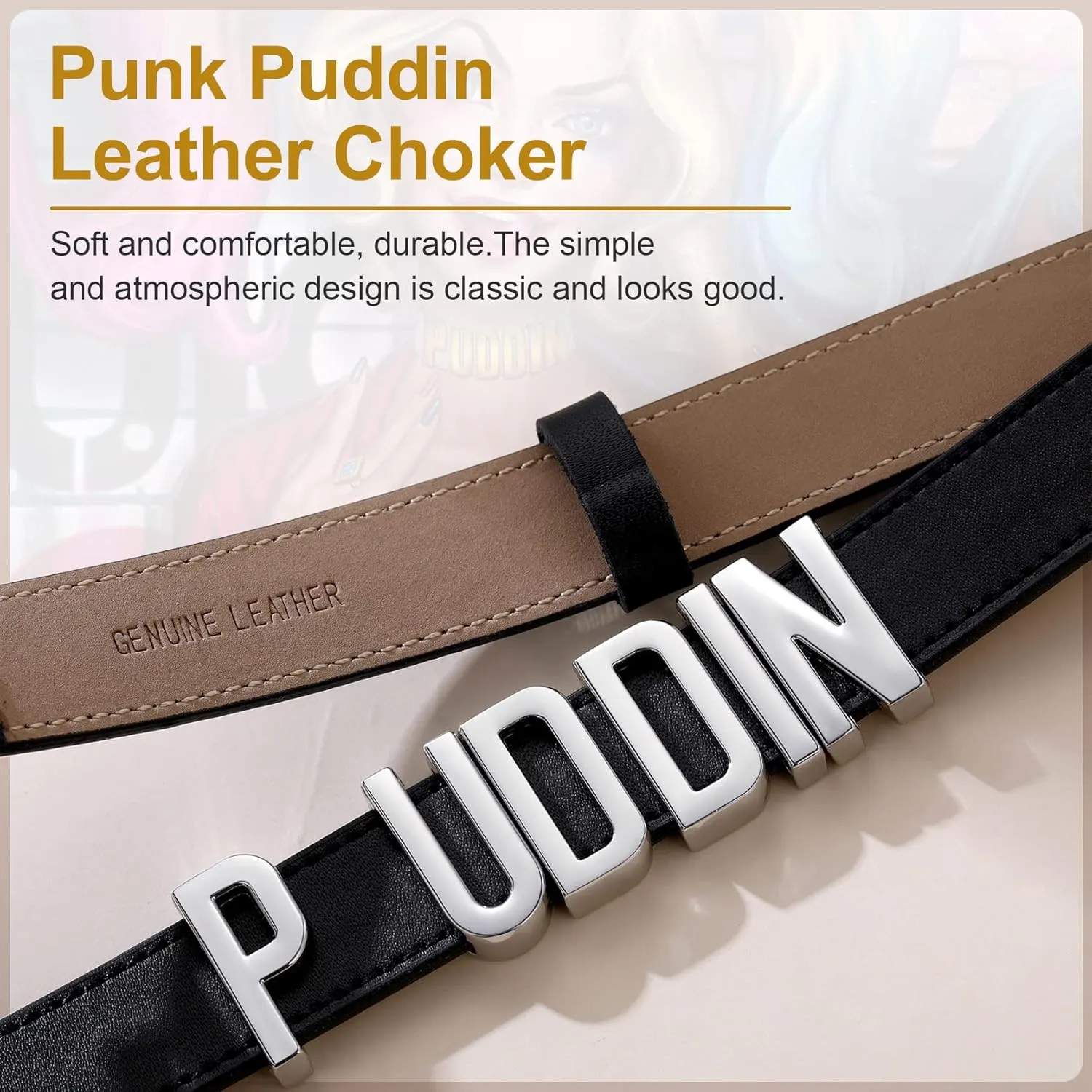 GOLDCHIC JEWELRY Custom Punk Leather Choker for Women, Personalised Photo Name Collar Necklace for Girlfriend Wife, 5.5mm/19mm Wide Puddin Black Genuine Adjustable Costume Neck Collar Necklaces