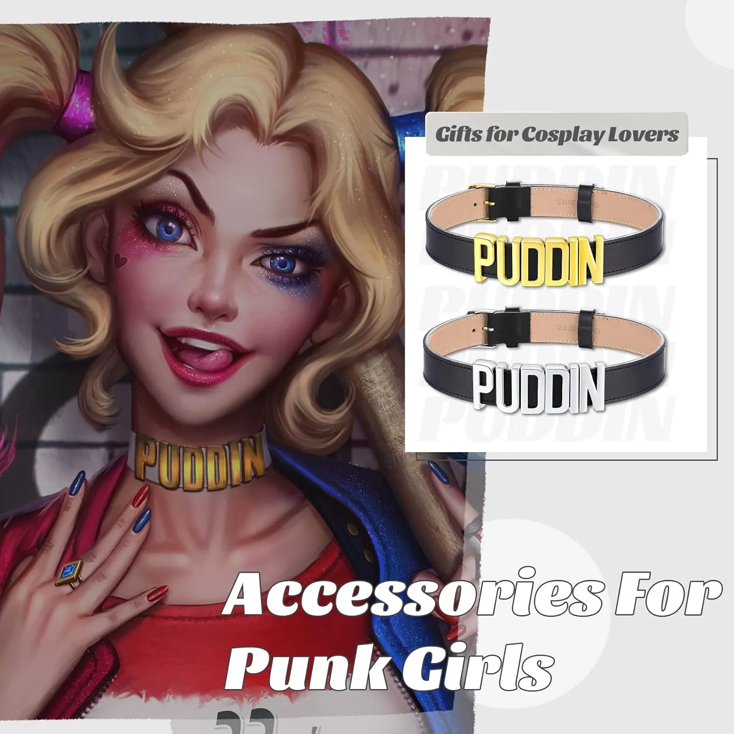 GOLDCHIC JEWELRY Custom Punk Leather Choker for Women, Personalised Photo Name Collar Necklace for Girlfriend Wife, 5.5mm/19mm Wide Puddin Black Genuine Adjustable Costume Neck Collar Necklaces