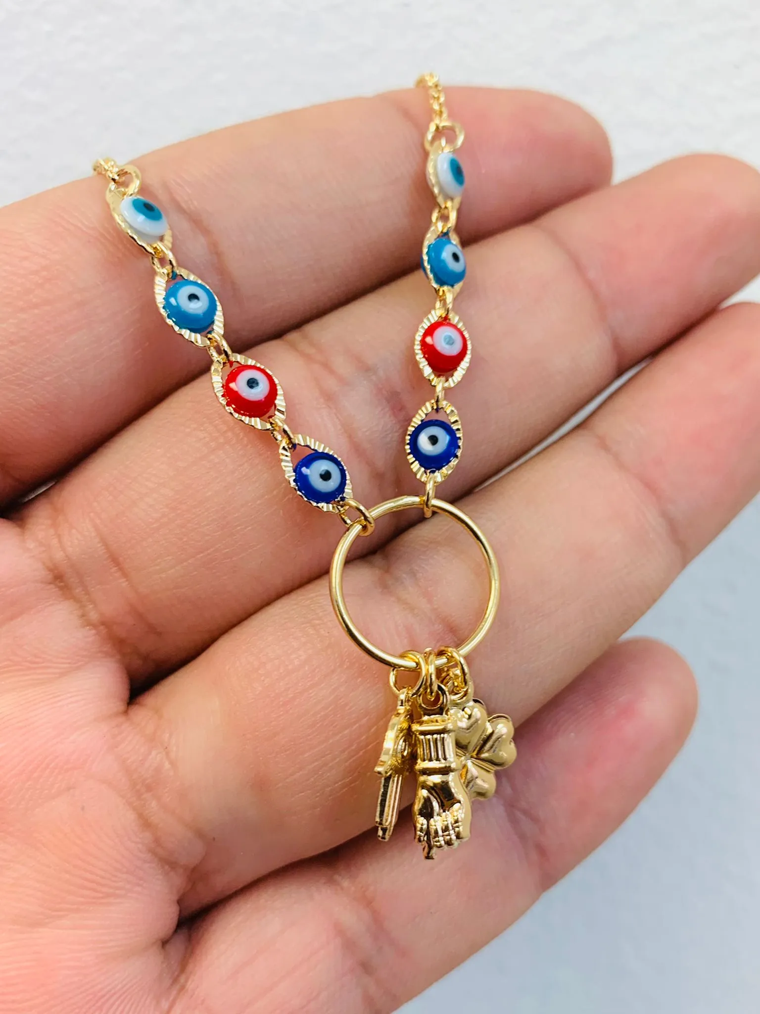 Good Luck Necklace / Evil Eye Necklace / Evil Eye Hand Necklace 16" / Four Leaf Clover Necklace / Cadena para la Buena Suerte